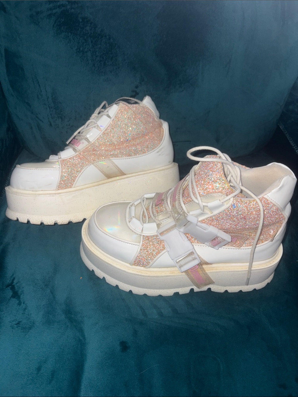 Demonia Glitter Platform Lace-Up Sneakers in Pink and White. Size 9